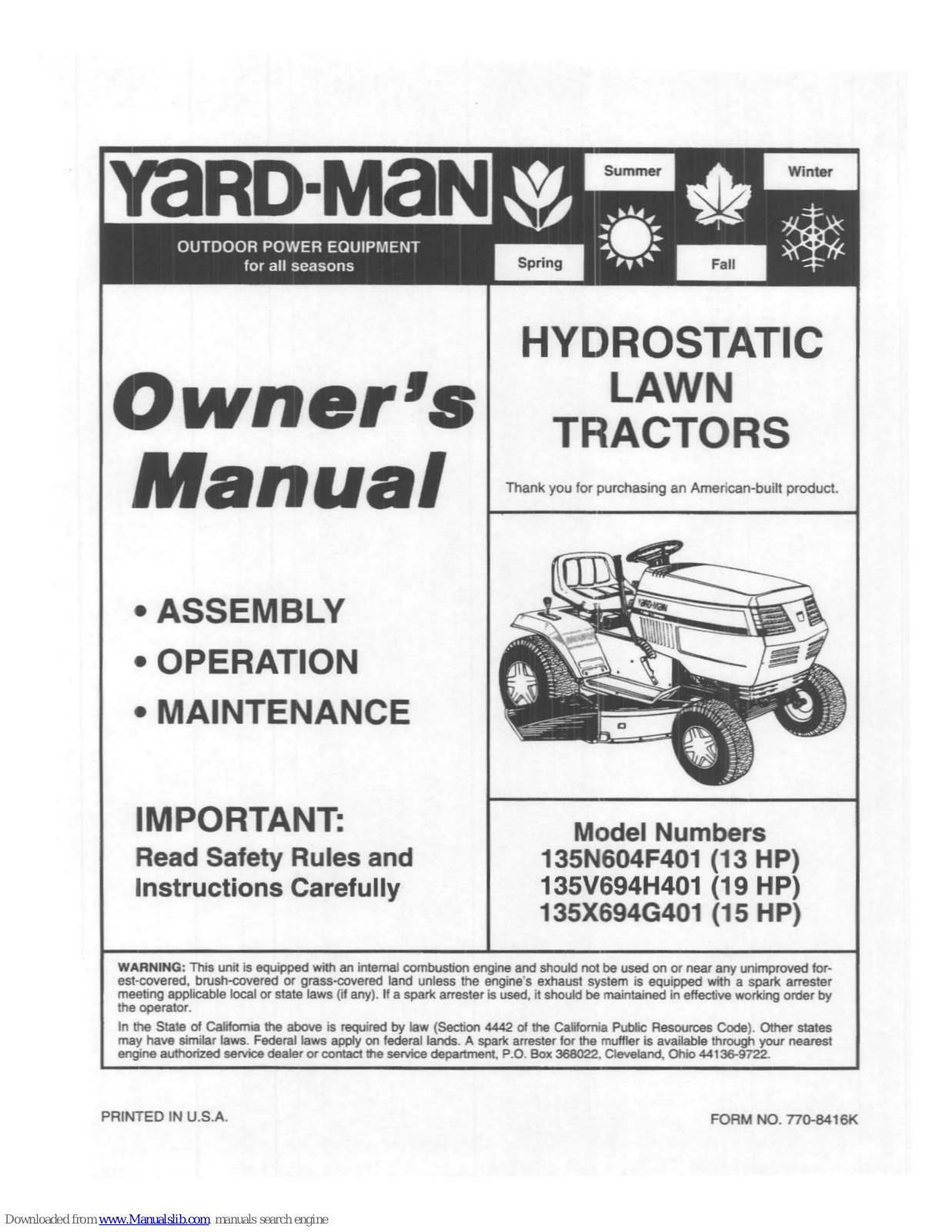 Yard-Man 135N604F401, 135V694H401, 135X694G401 Owner's Manual