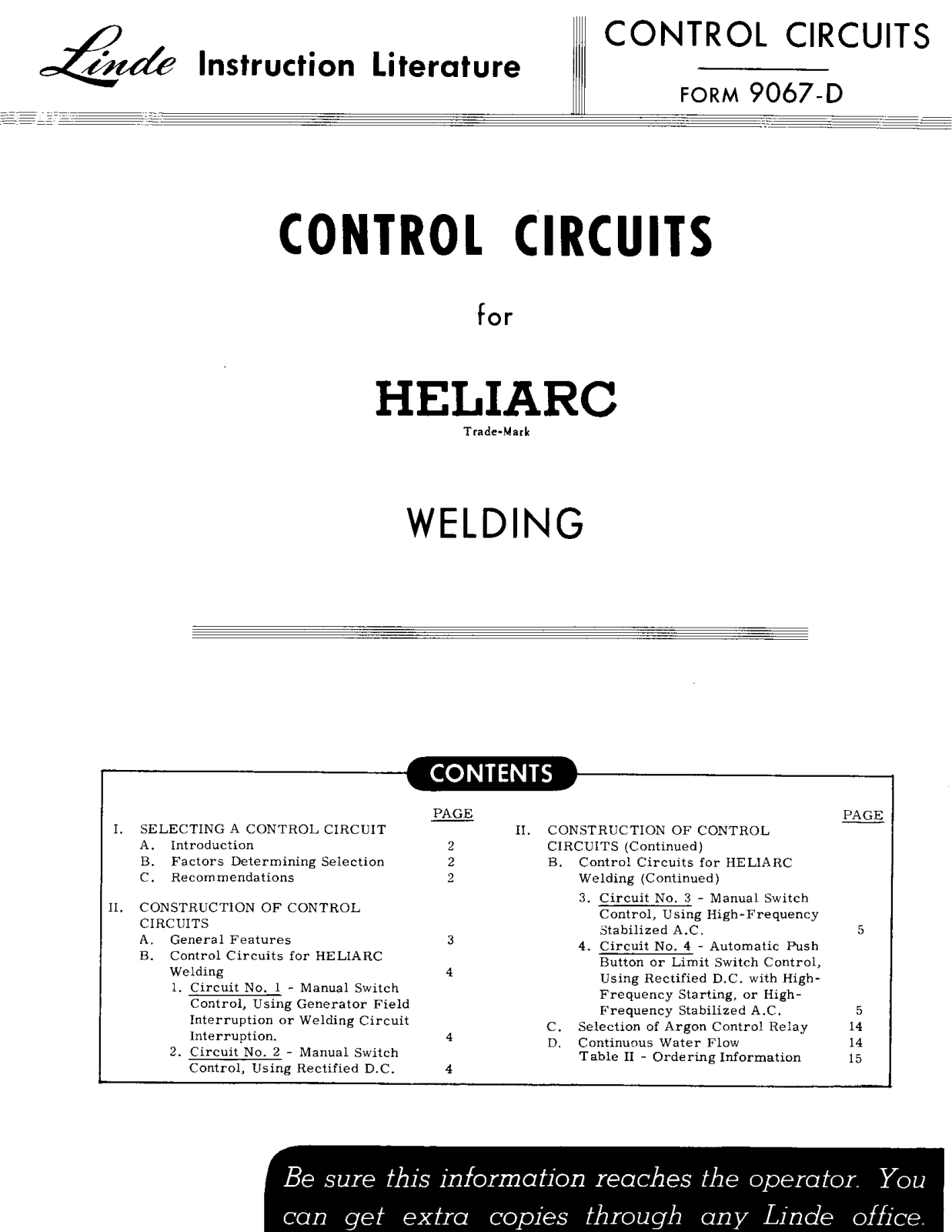 LINDE COMPANY Control Circuits for Heliarc Welding Instruction manual - ManualMachine.com