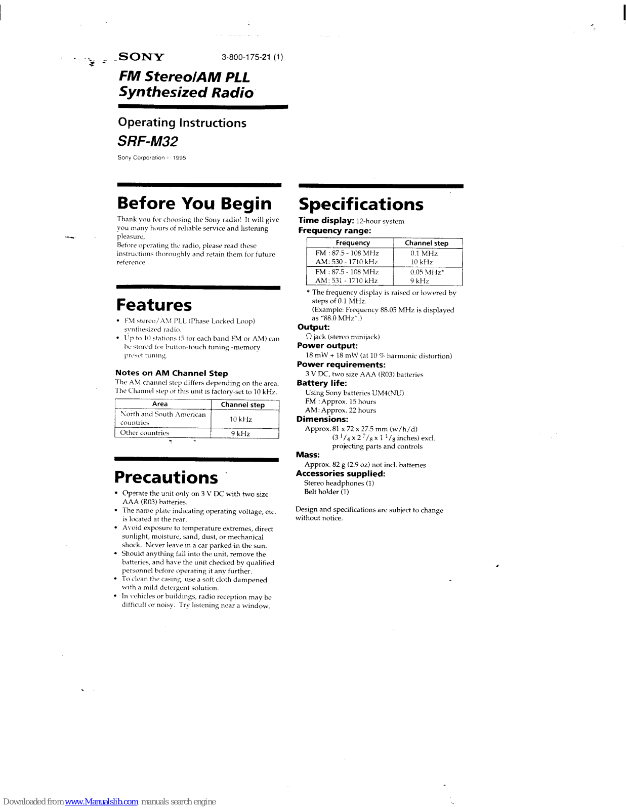 Sony Walkman SRF-M32 Operating Instructions Manual