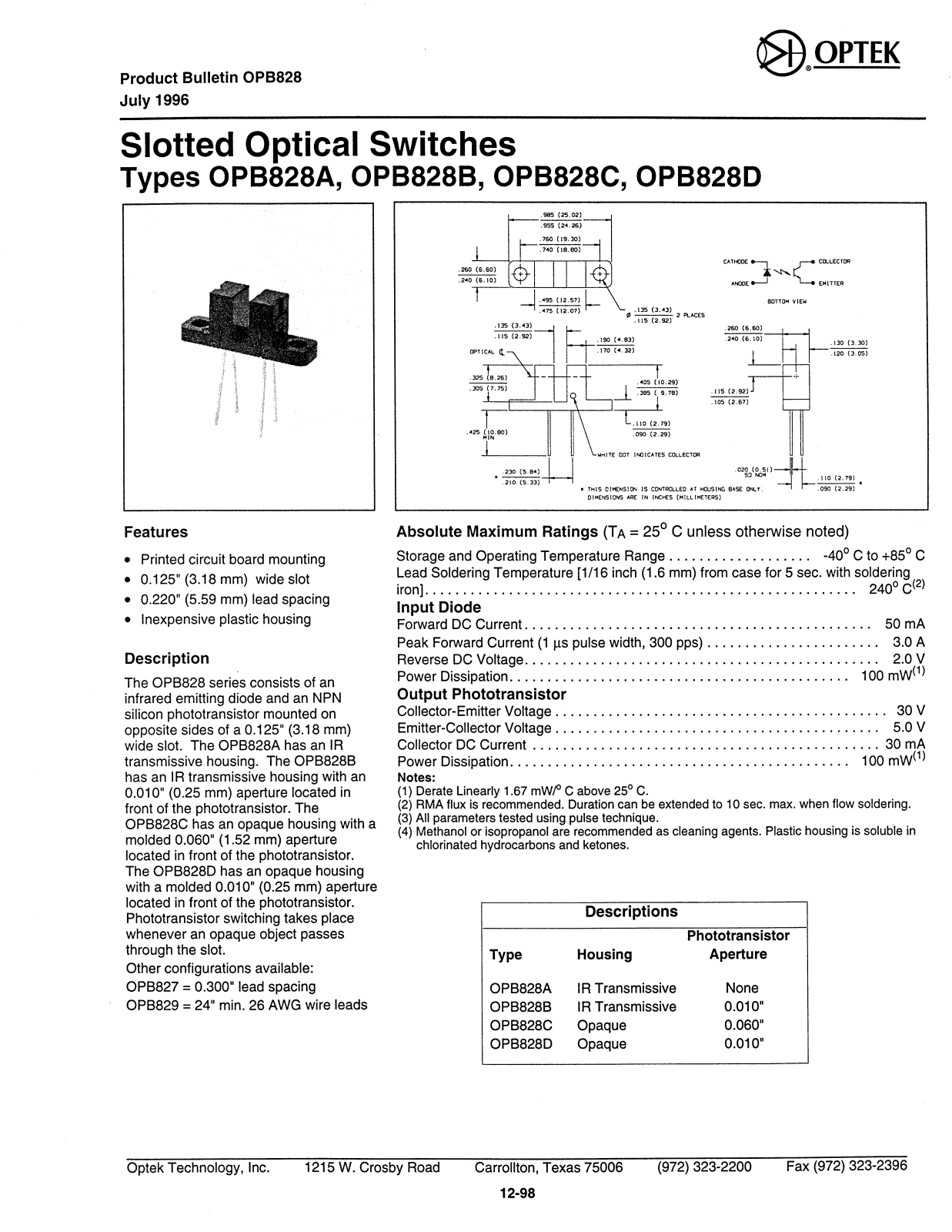 OPTEK OPB828C, OPB828D, OPB828B, OPB828A Datasheet