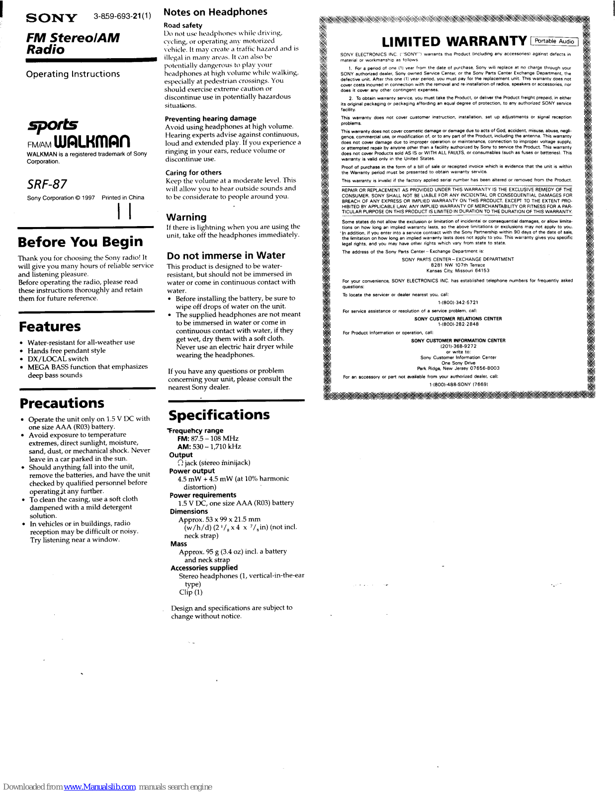 Sony Sports Walkman SRF-87 Operating Instructions Manual