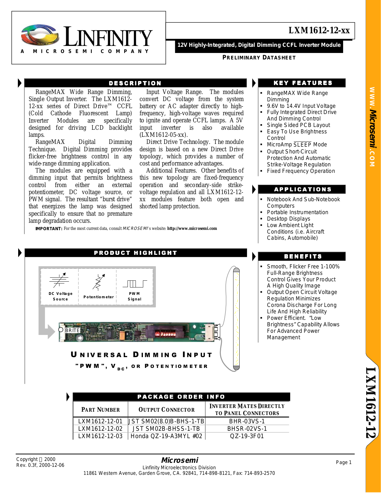 Microsemi Corporation LXM1612-12-03, LXM1612-12-02, LXM1612-12-01 Datasheet