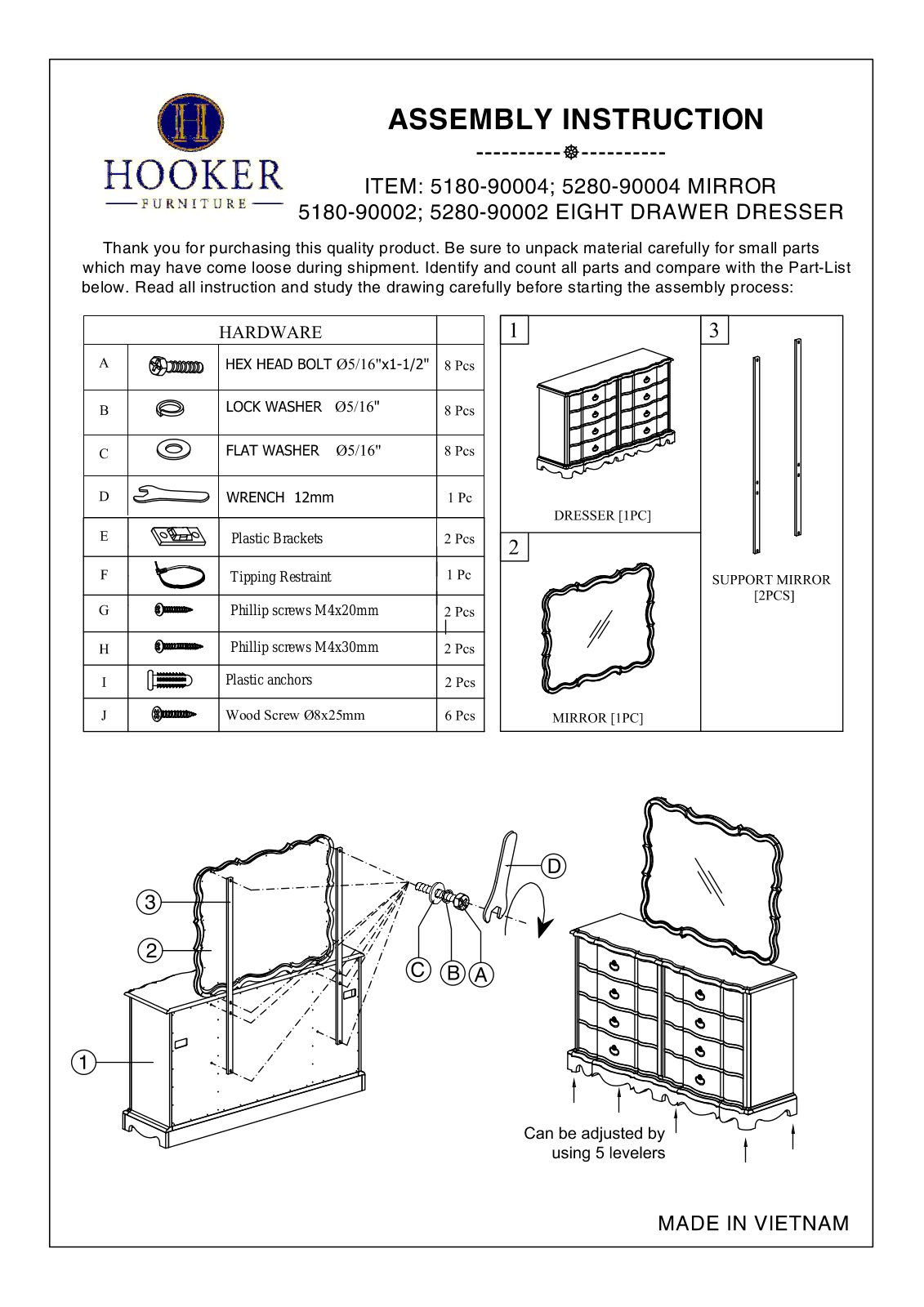 Hooker Furniture 518090002, 518090004, 528090002 Assembly Guide