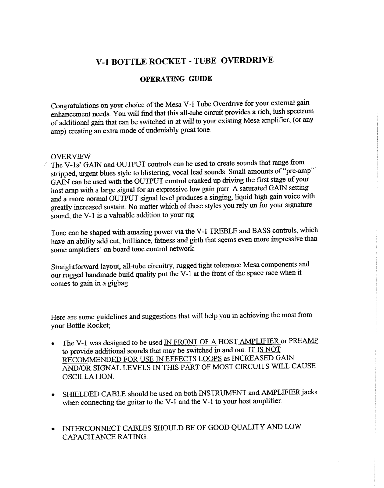 Mesa Boogie V-1 Bottle Rocket Pedal User Manual