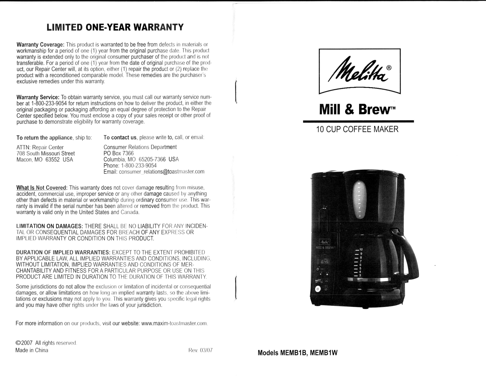 Melitta MILL & BREW user Manual