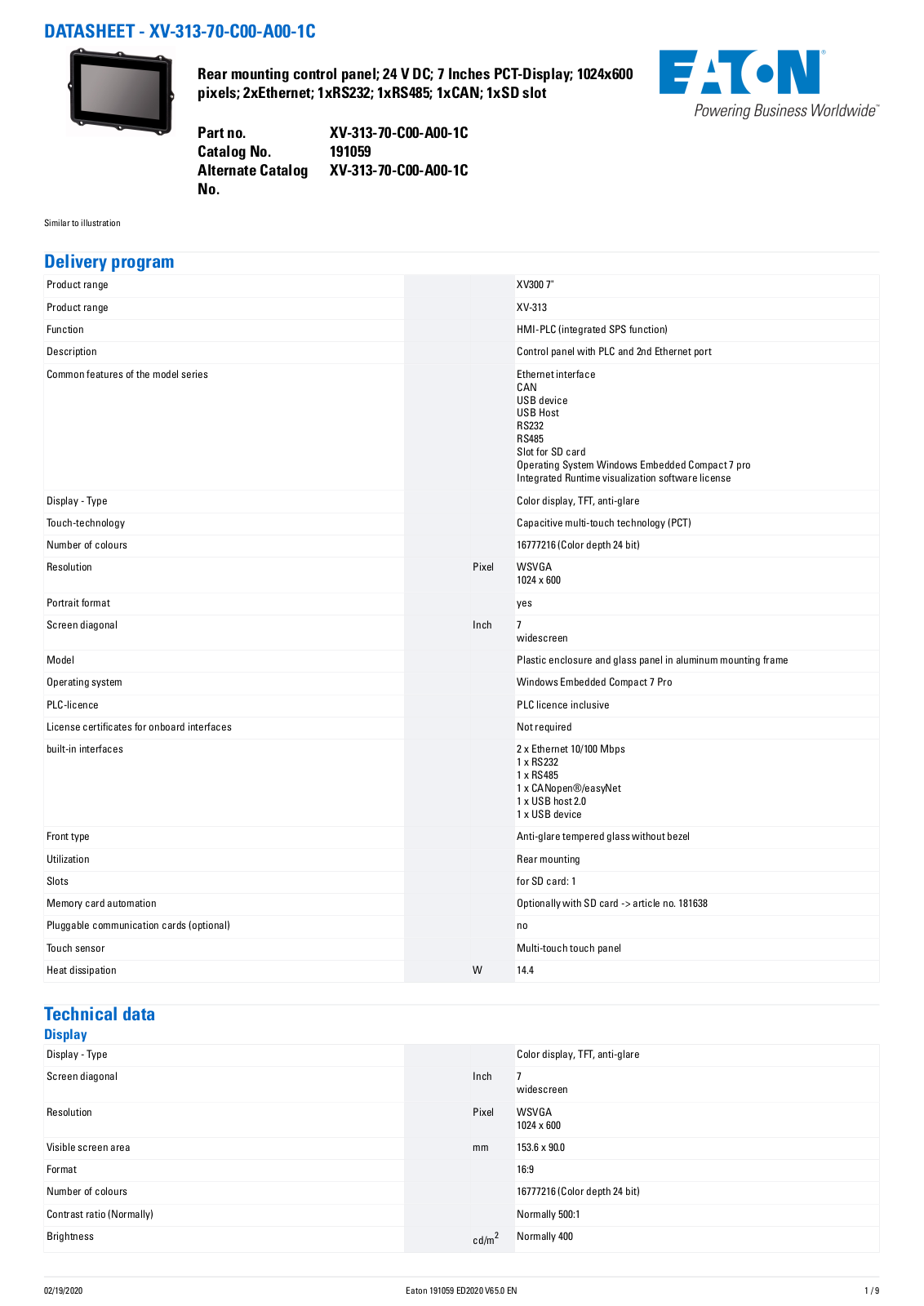 Cutler Hammer, Div of Eaton Corp XV-313-70-C00-A00-1C Data Sheet