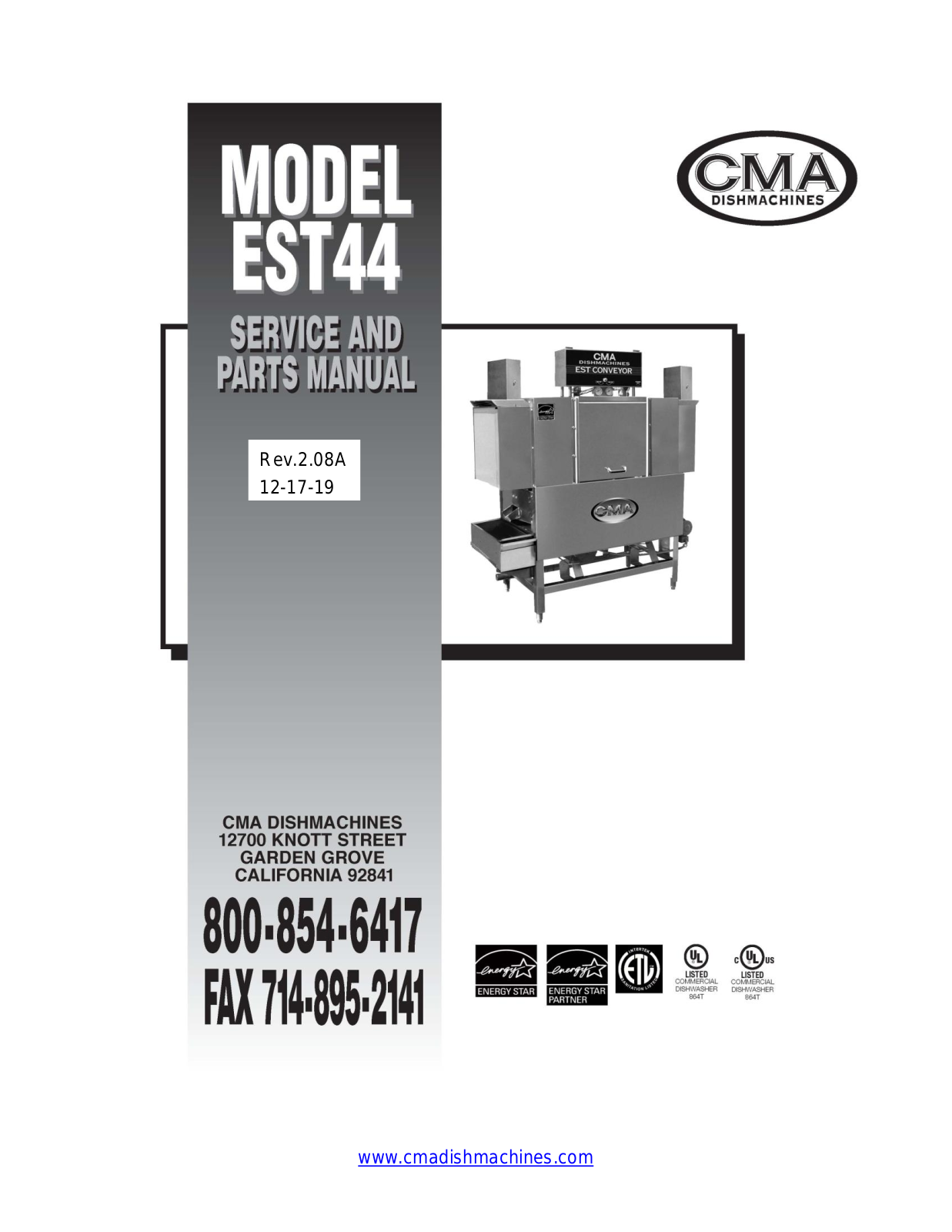 CMA Dish Machines EST-44TALL Operators Manual