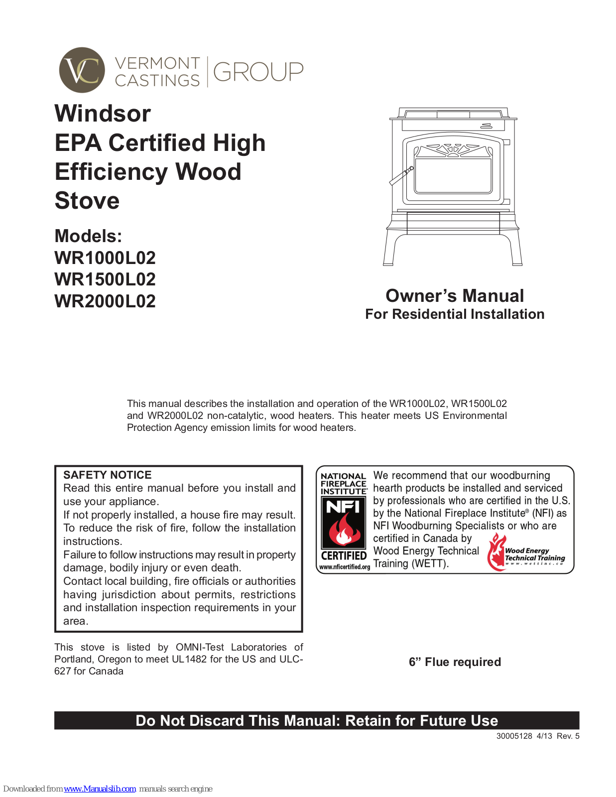 Vermont Castings WR1000L02, WR1500L02, WR2000L02 Owner's Manual