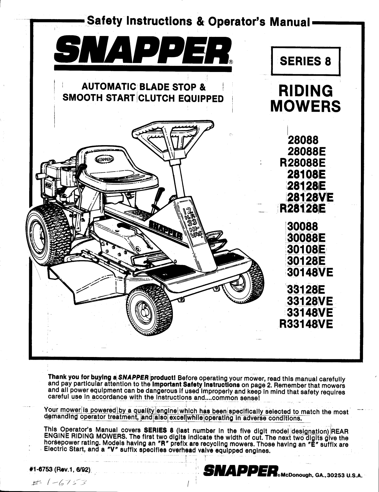 Snapper 30128E, 28128VE, R28088E, 28088, 28108E User Manual