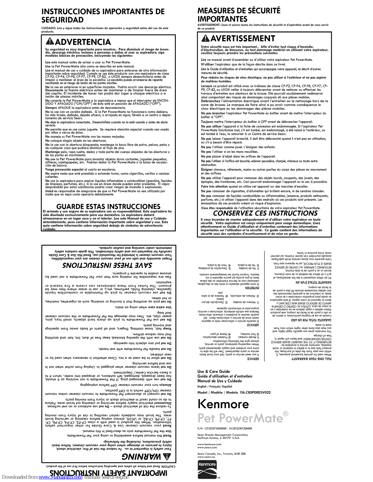 Kenmore Pet PowerMate 116.C85SPDEE3V022 Use & Care Manual - ManualMachine.com