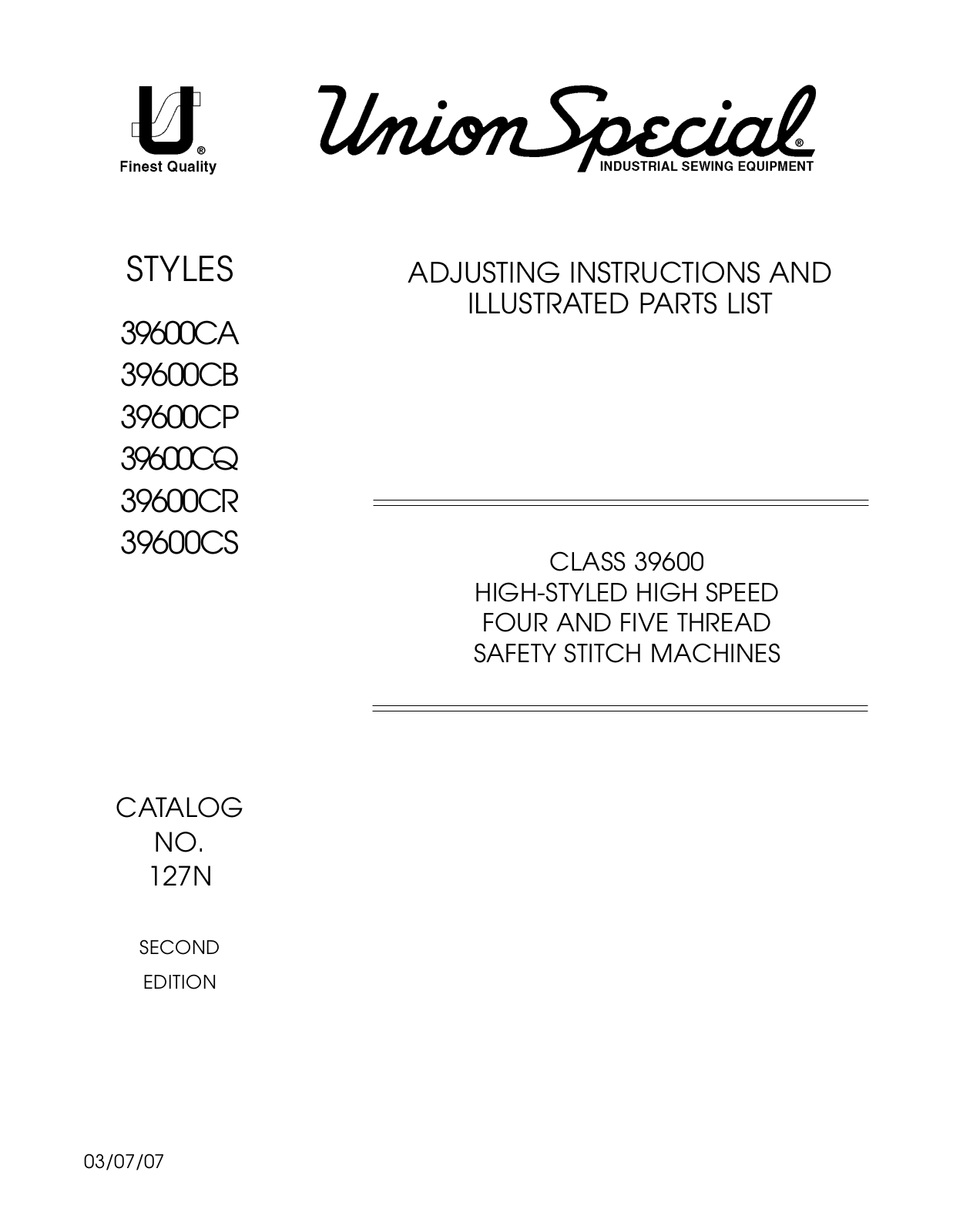 Union Special 39600CA, 39600CB, 39600CP, 39600CQ, 39600CR Parts List