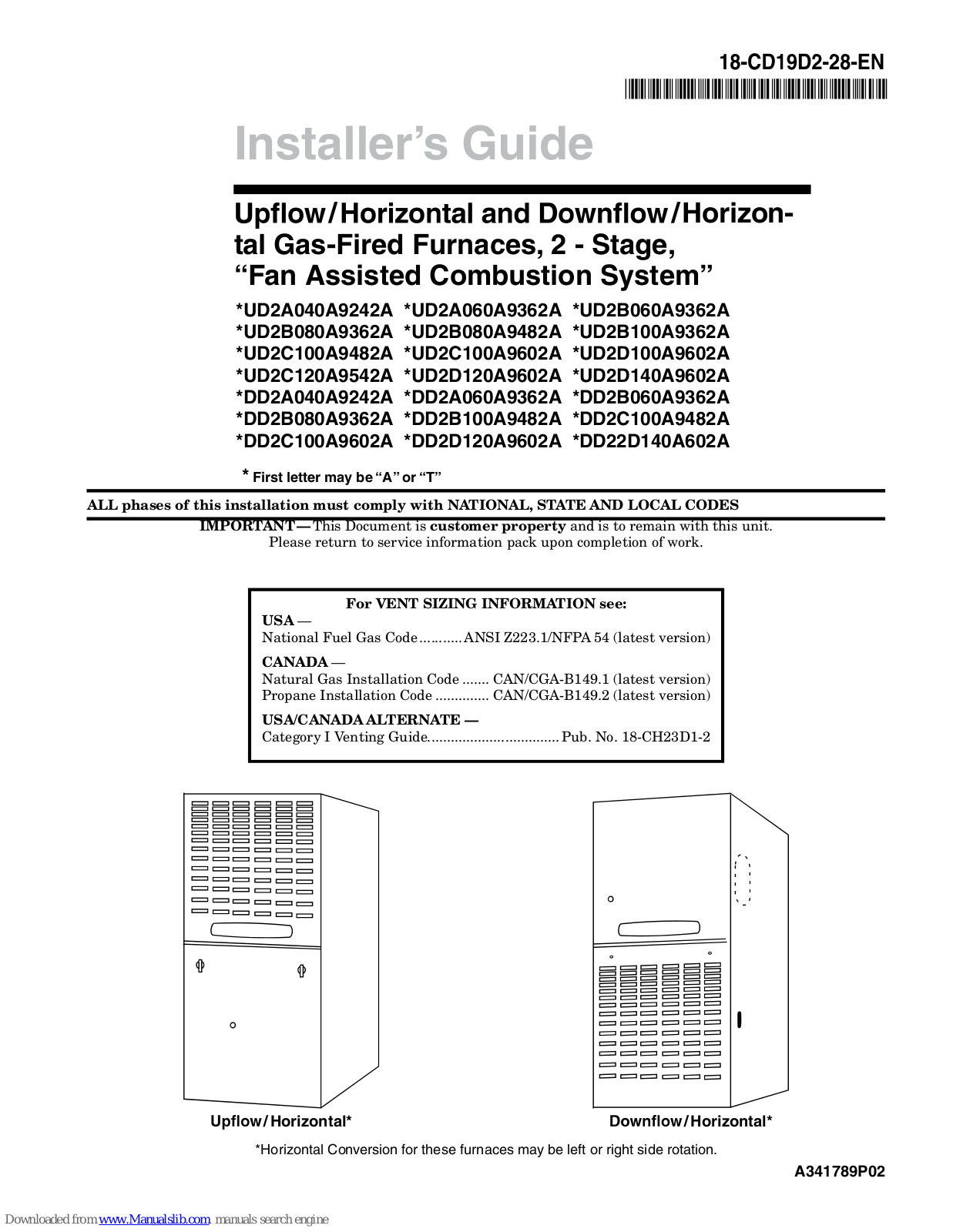 Trane AUD2A040A9242A, AUD2A060A9362A, AUD2B060A9362A, AUD2B080A9362A, AUD2B080A9482A Installer's Manual