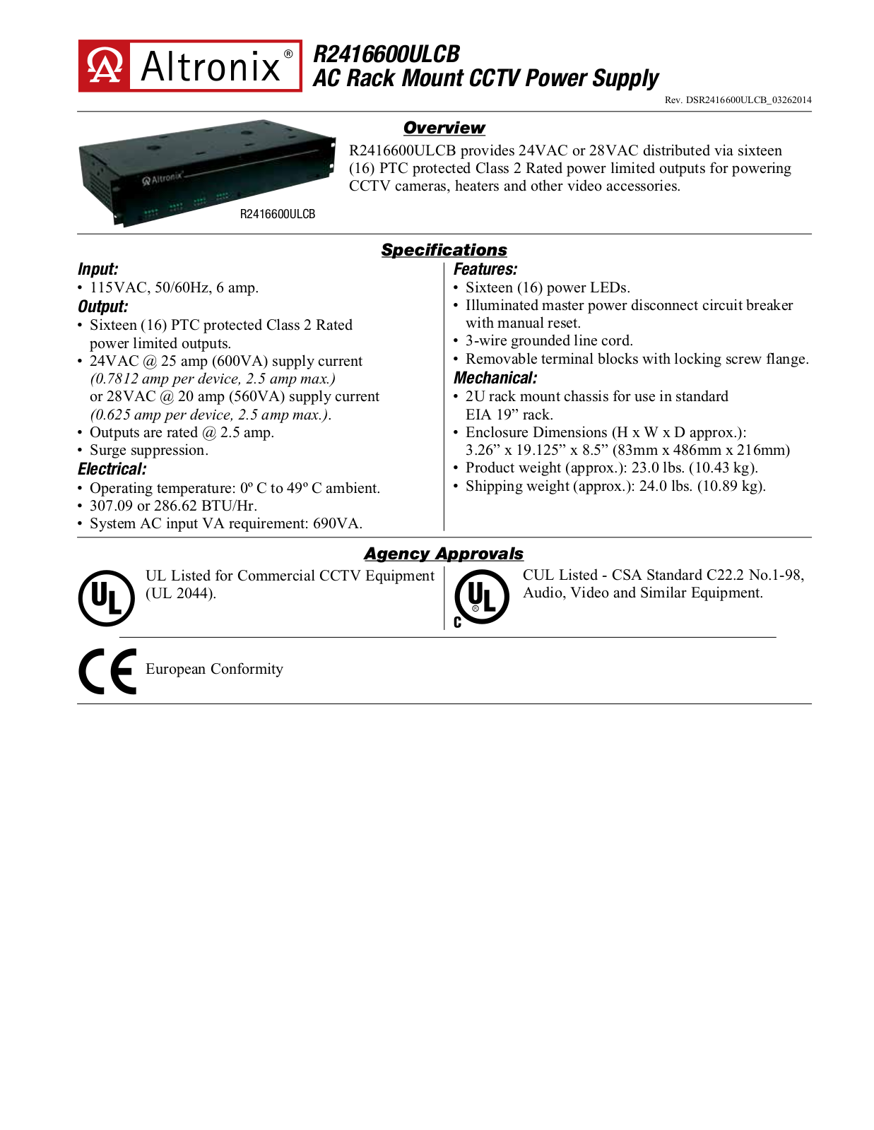 Altronix R2416600ULCB Specsheet