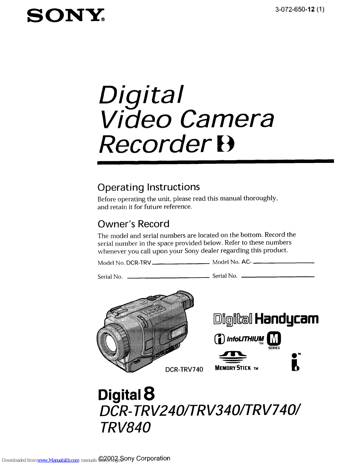 Sony Digital 8- TRV240, Digital 8- TRV340, Digital 8- TRV740, Digital 8- TRV840 Operating Instructions Manual - ManualMachine.com