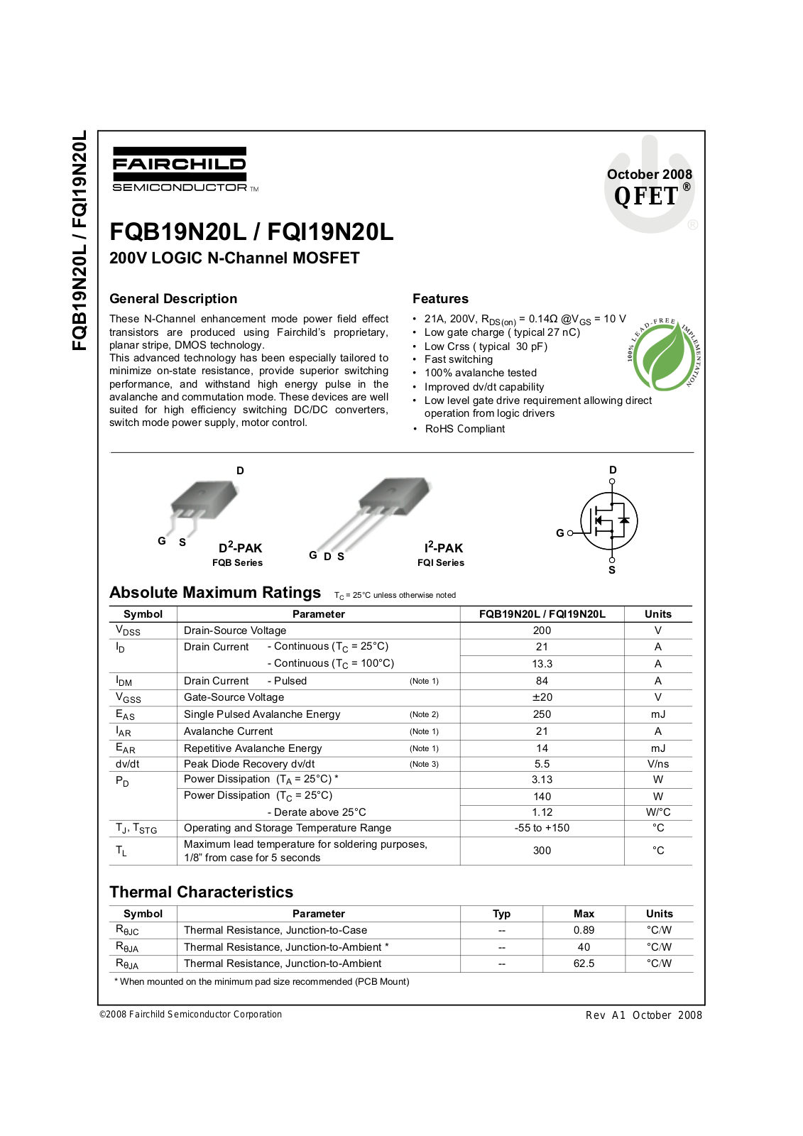 Fairchild FQB19N20L, FQI19N20L service manual