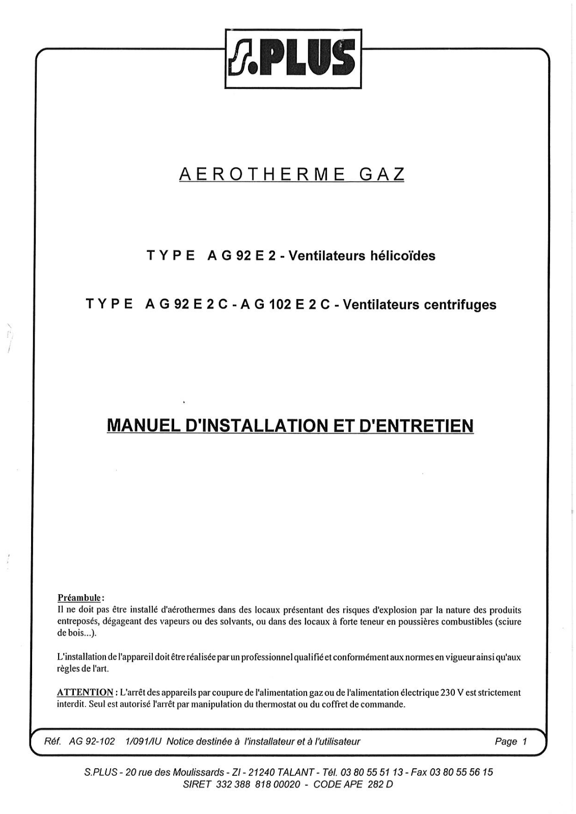 S.plus AG 92 E2C, AG 102 E2C, AG 92 E2 User Manual