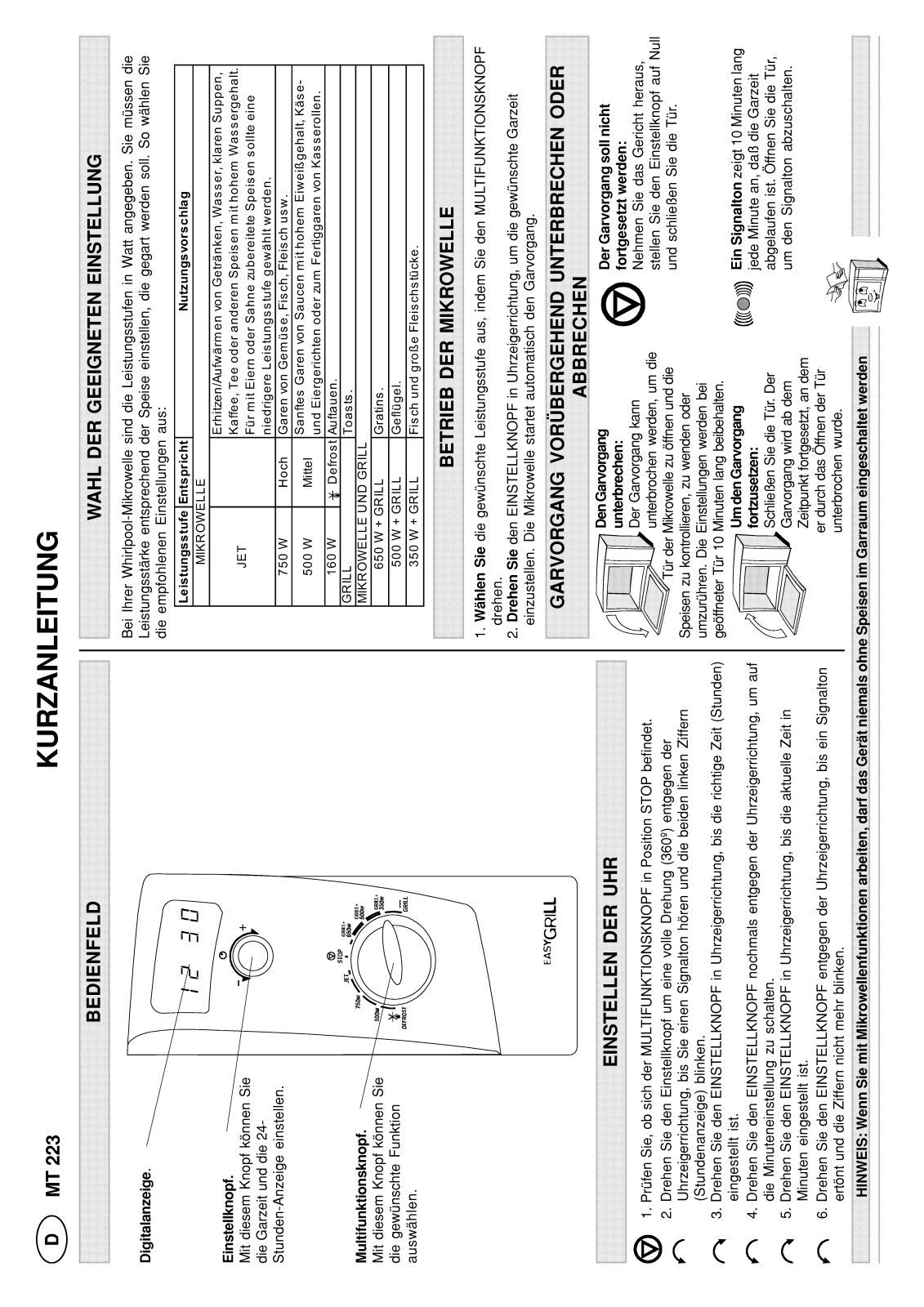 Whirlpool MT 223/WH INSTRUCTION FOR USE