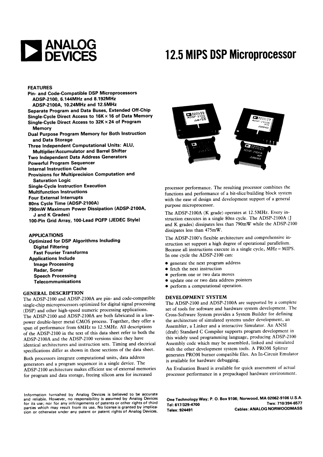 Analog Devices ADSP-2100SG-883G, ADSP-2100SG, ADSP-2100KP, ADSP-2100KG, ADSP-2100JP Datasheet