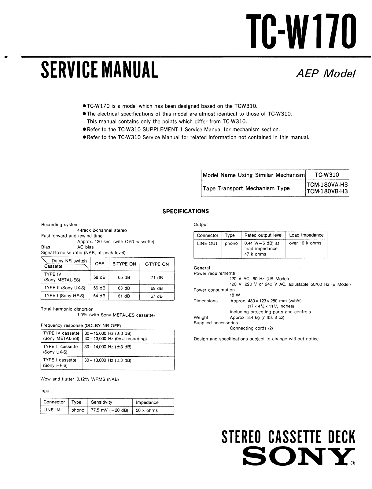 Sony TCW-170 Service manual