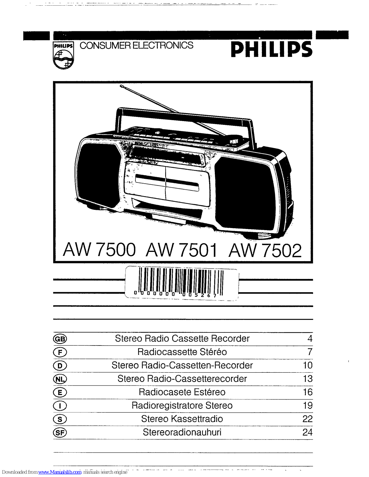 Philips AW 7501, AW7502/20, AW7502/00, AW7500/20, AW7502 - annexe 1 User Manual