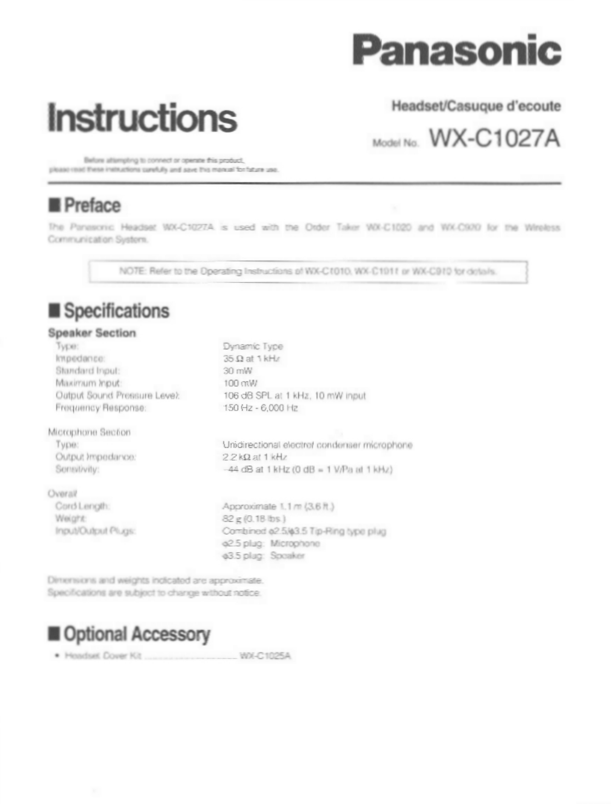 Panasonic WX-C1027A, WX-C1027 User Manual