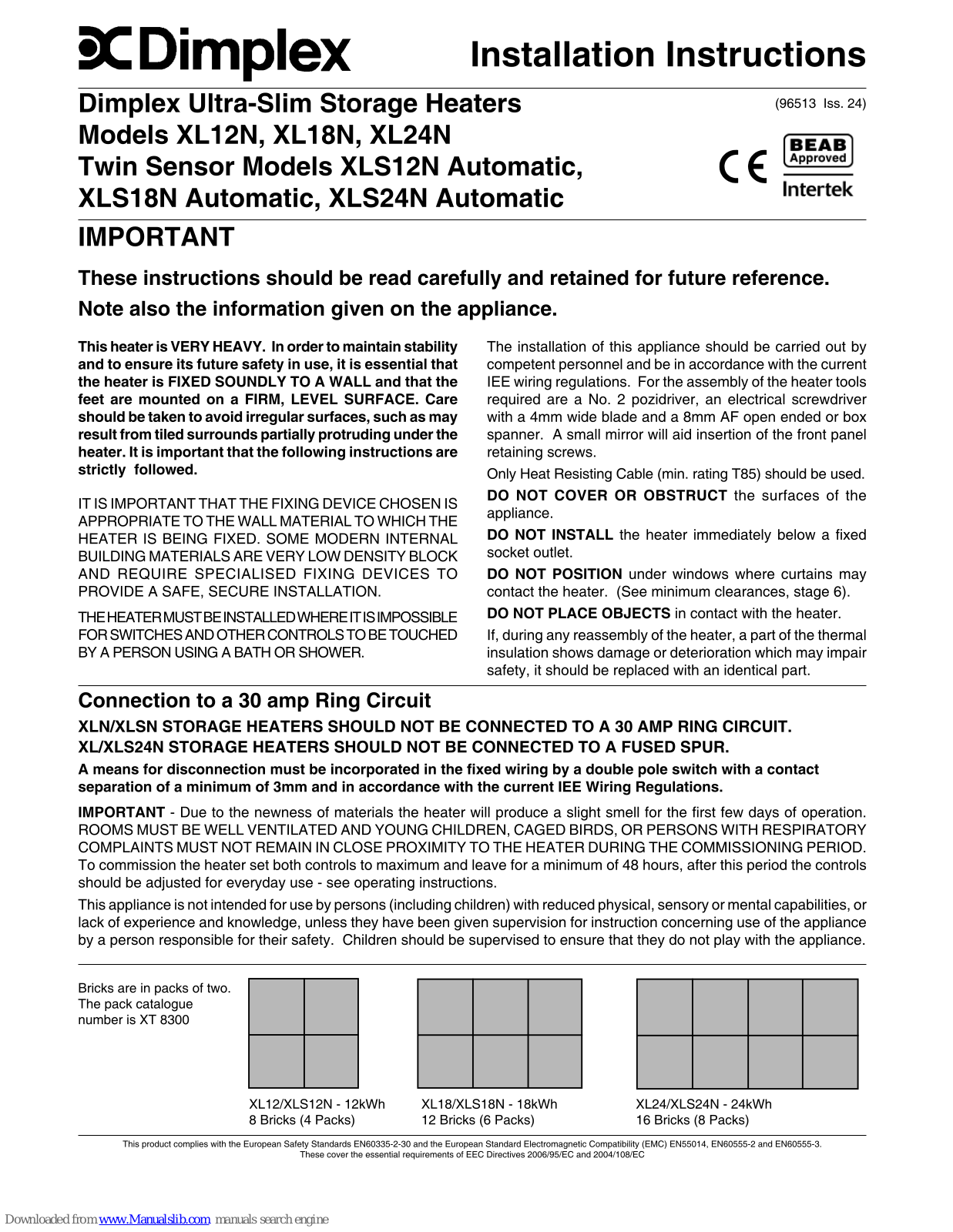 Dimplex XLS18N Automatic, XLS12N Automatic, XL24N, XL18N, XL12N Installation Instructions Manual