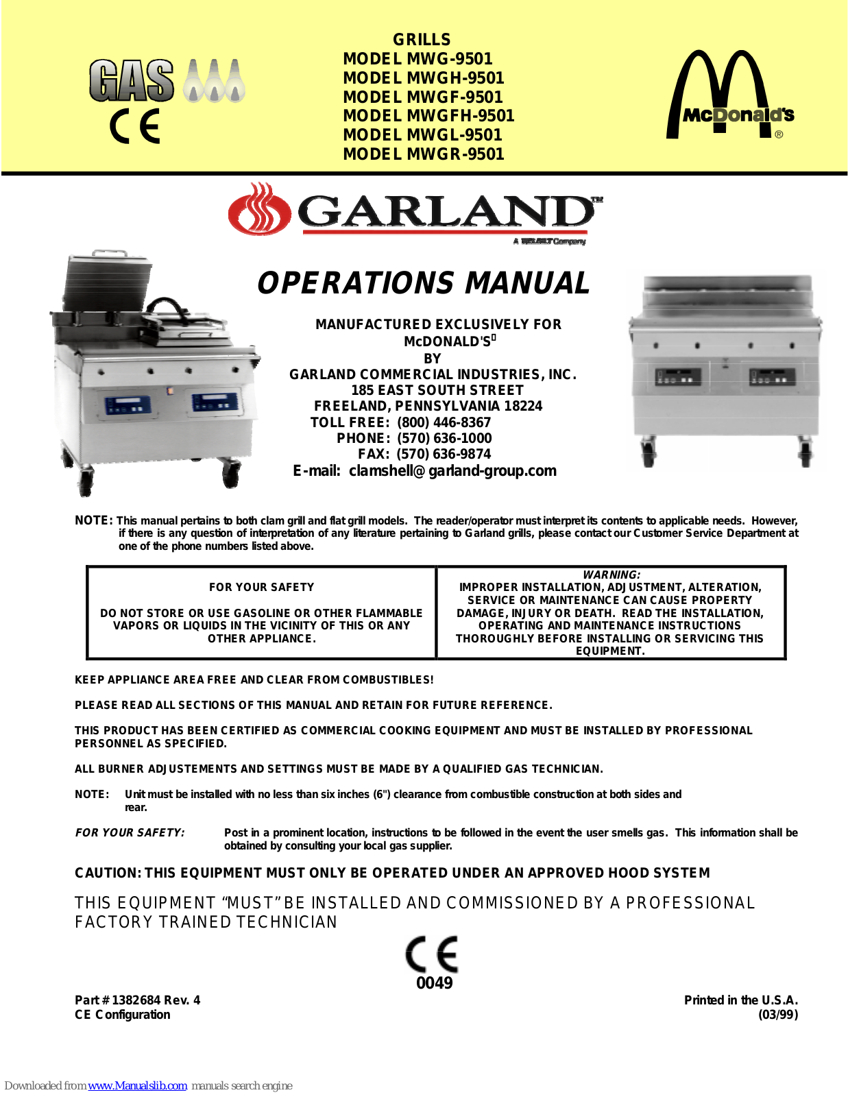 Garland MWGH-9501, MWG-9501, MWGFH-9501, MWGL-9501, MWGR-9501 Operation Manual