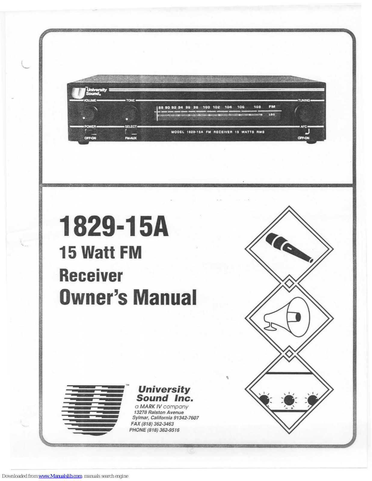 University Sound 15 Watt FM Receiver 1829-15A, 1829-15A Owner's Manual