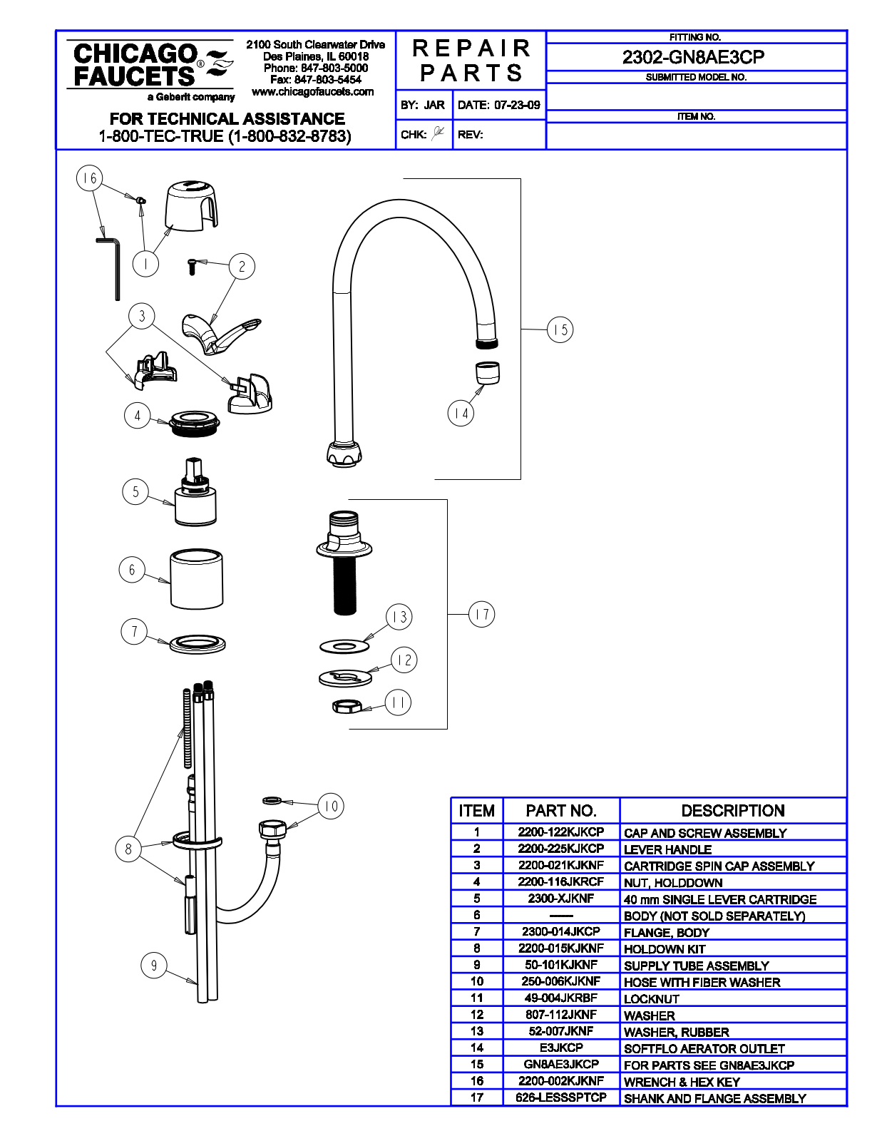 Chicago Faucet 2302-GN8AE3CP Parts List