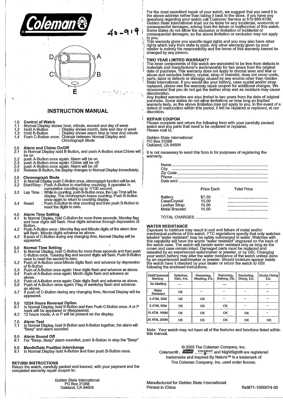 Golden State International 40-919 User Manual