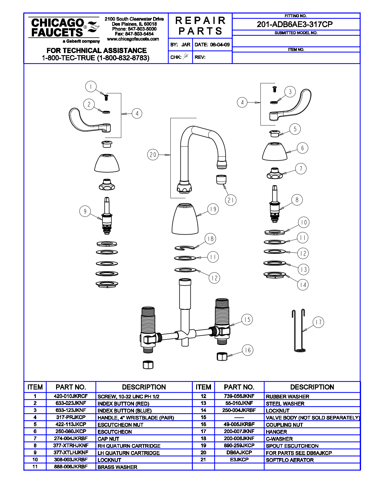 Chicago Faucet 201-ADB6AE3-317CP Parts List