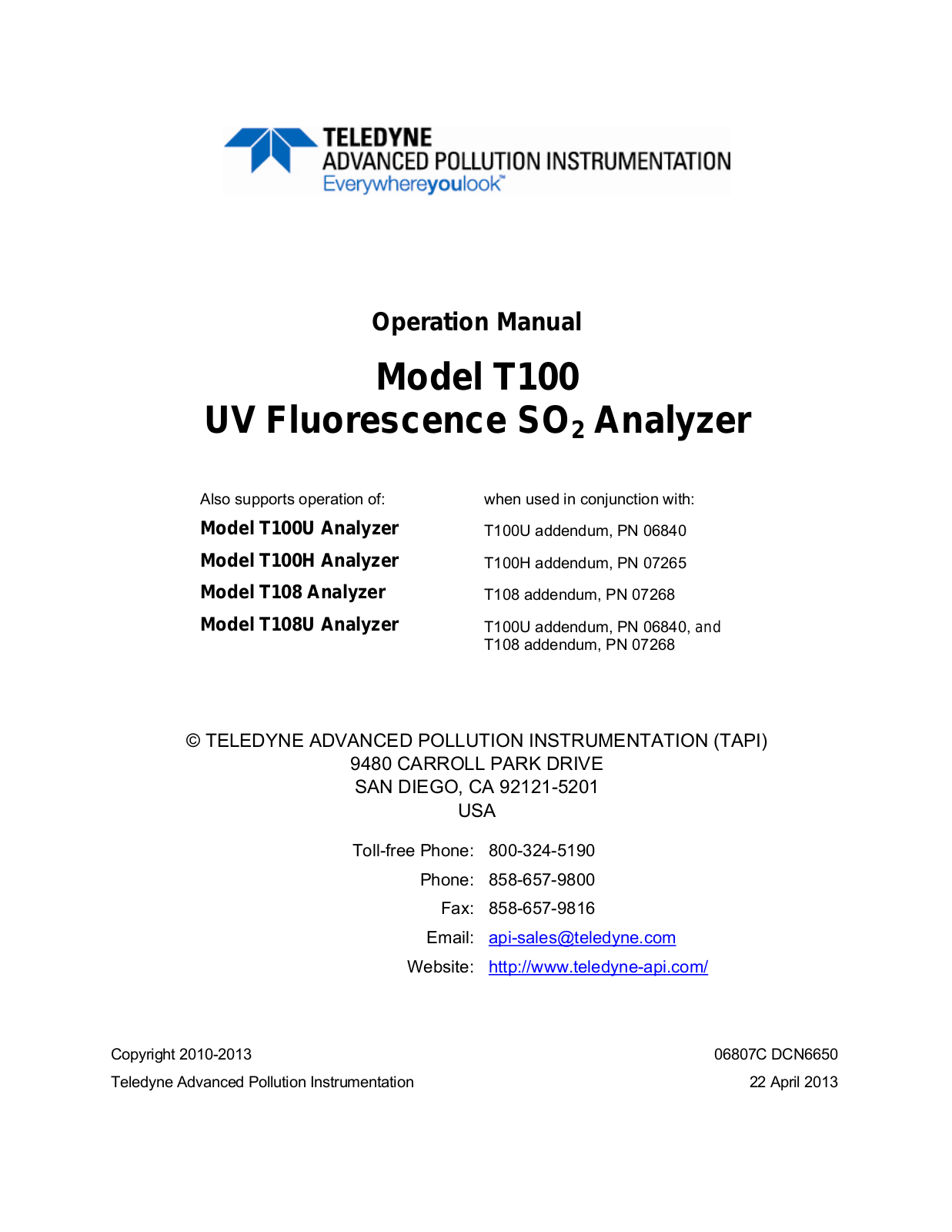 Teledyne T100 User Manual