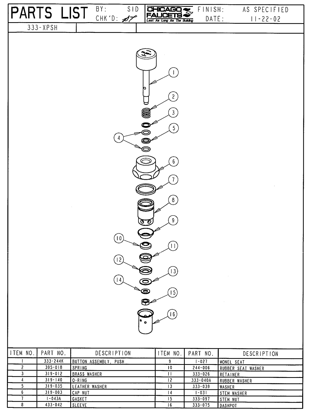 Chicago Faucet 333-XPSHJKNF, 333-XPSHJKABNF Parts List