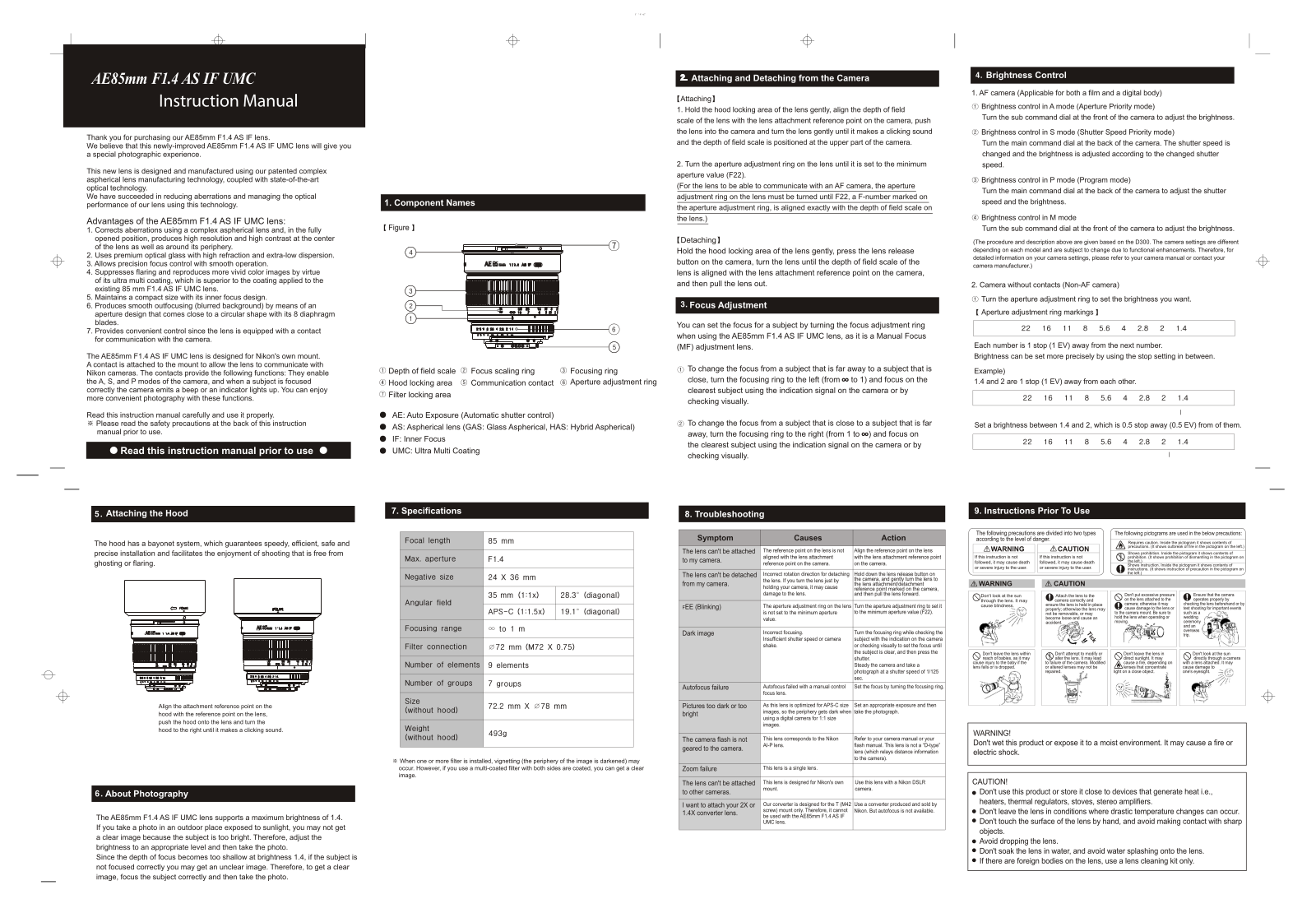 Samyang SY85M-P, SY85M-C, SY85M-MFT, SY85M-FX, SY85M-E User manual