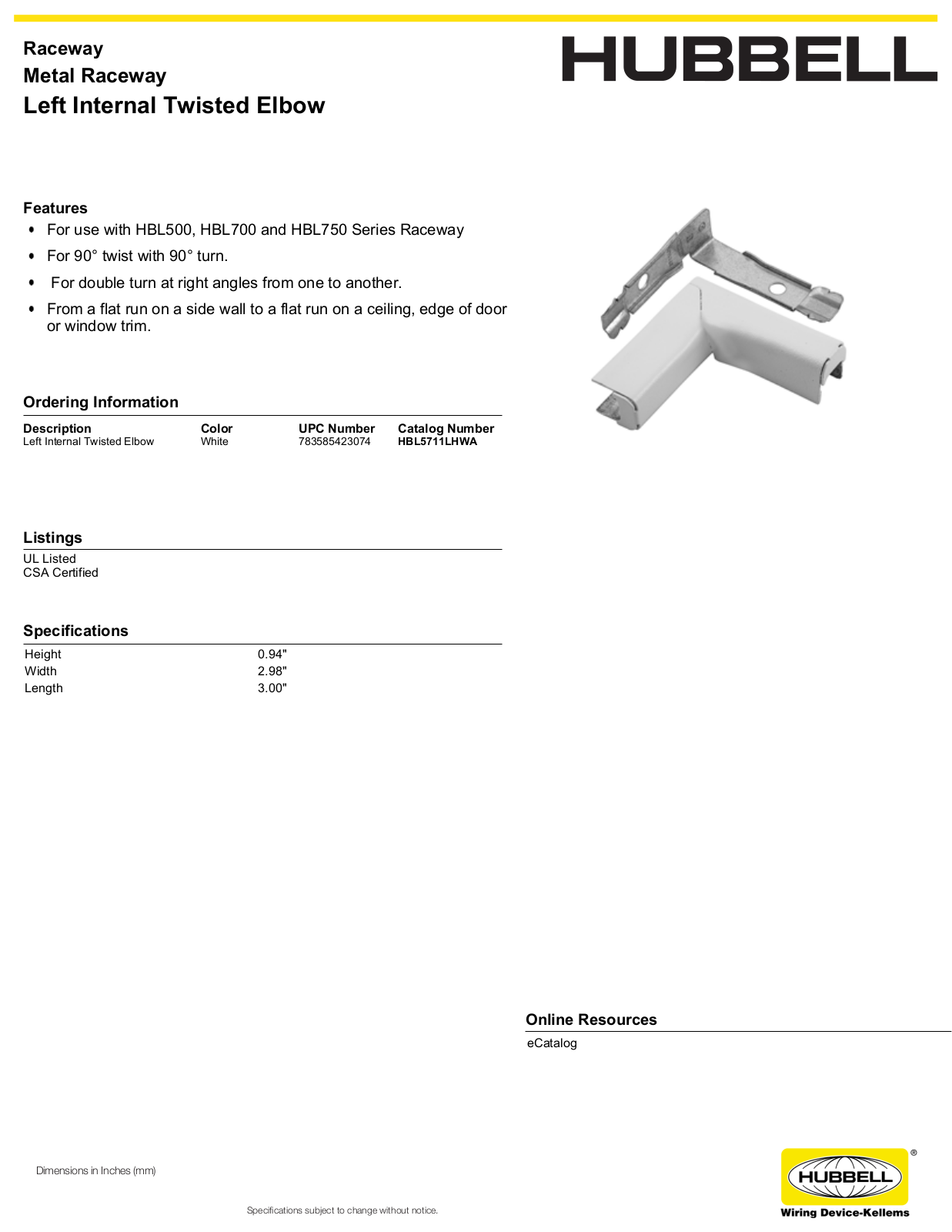 Hubbell HBL5711LHWA Specifications