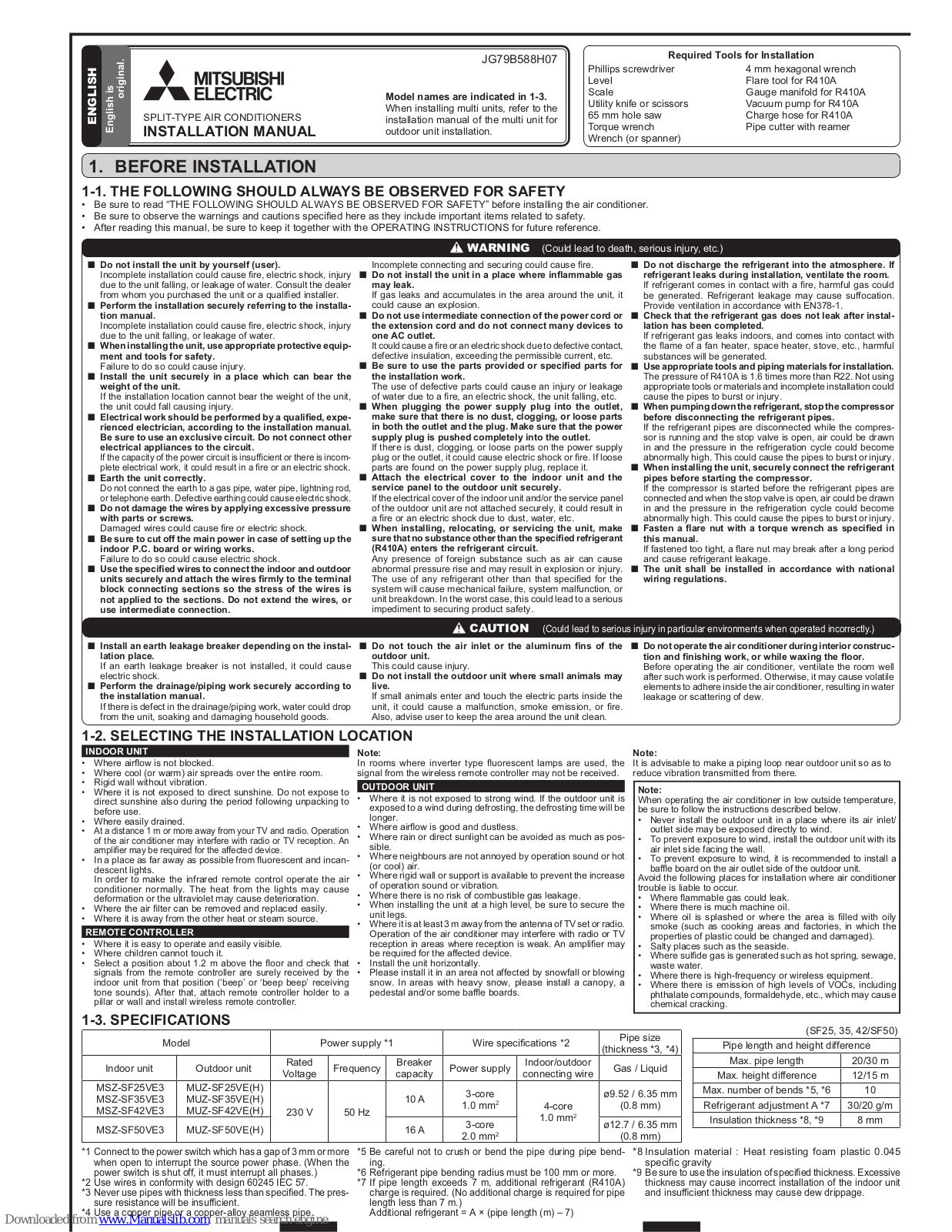 Mitsubishi Electric MSZ-SF25VE3, MSZ-SF35VE3, MSZ-SF42VE3, MSZ-SF25VE(H), MSZ-SF35VE(H) Installation Manual