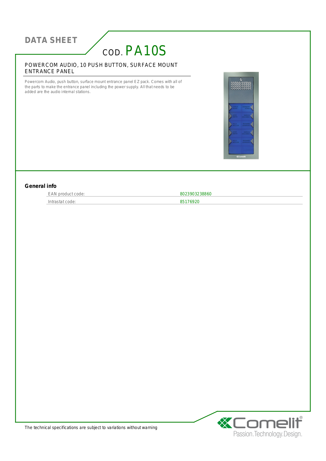 Comelit PA10S Specsheet