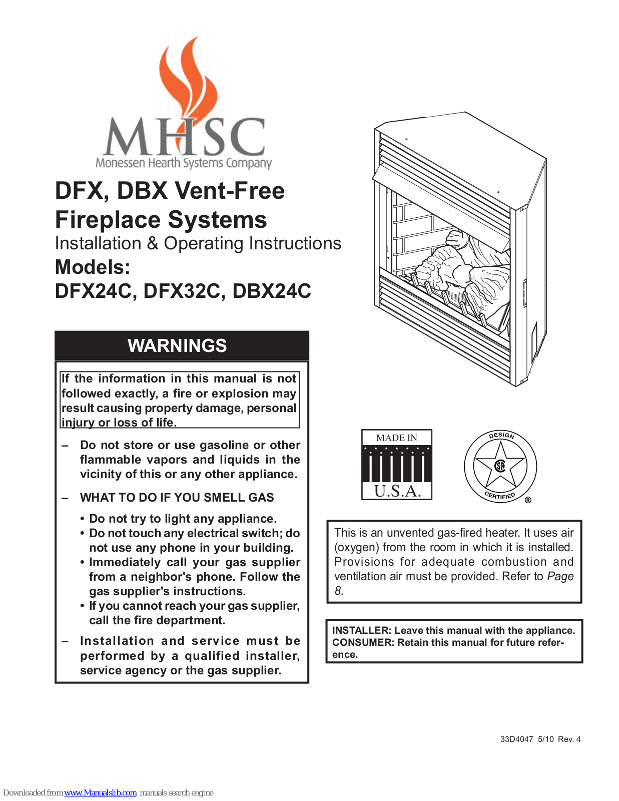 Monessen Hearth DFX DBX24C, DFX32C Installation And Operating Instructions Manual