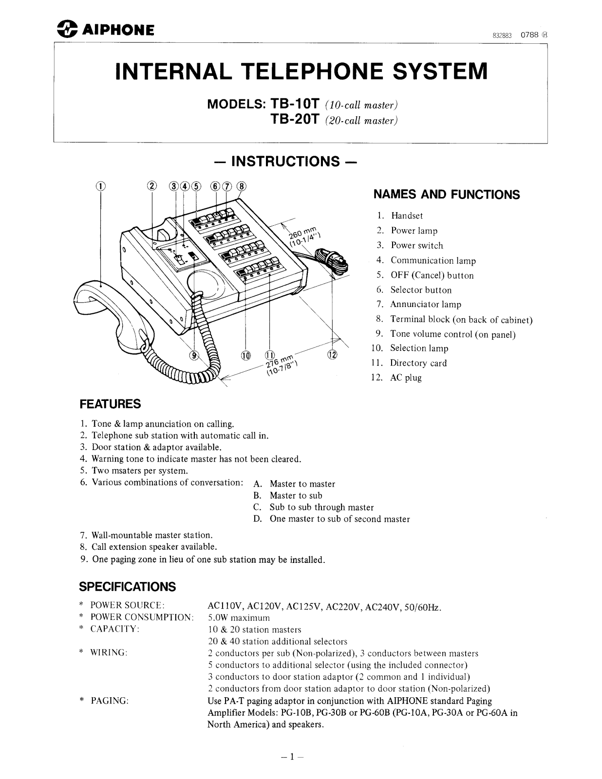 Aiphone TB-20T User Manual