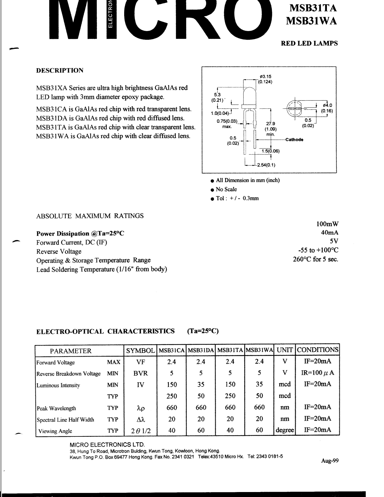 MICRO MSB31WA, MSB31CA, MSB31DA, MSB31TA Datasheet