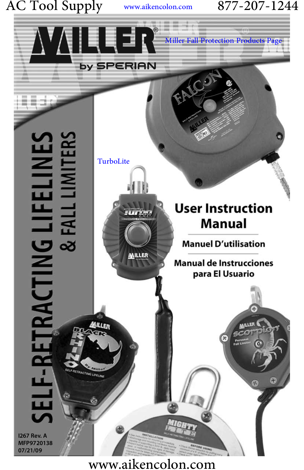 Sperian Miller Scorpion, Miller TurboLite, Miller Falcon, Miller Black Rhino, Miller MiniLite User Instruction Manual