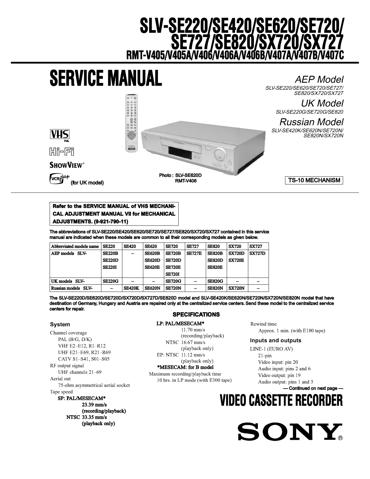 Sony SLV-SE727, SLV-SE820, SLV-SX720, SLV-SX727, SLV-SE620 Service Manual