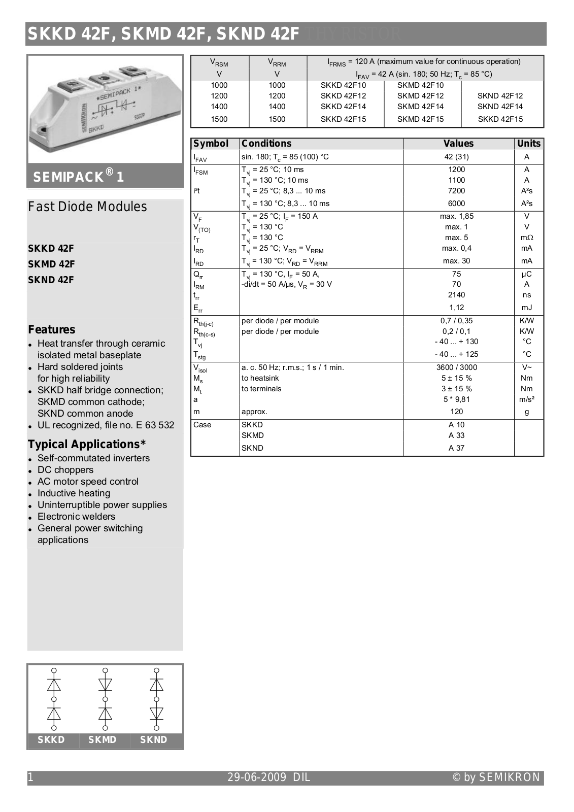 Semikron SKKD 42F, SKMD 42F, SKND 42F Data Sheet