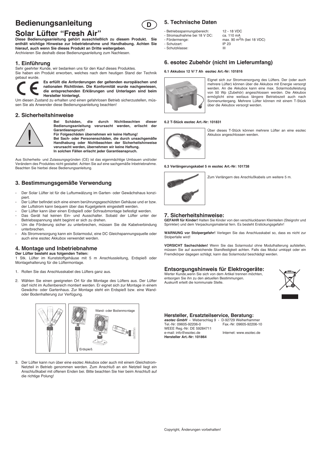 Esotec Fresh Air Operating Manual