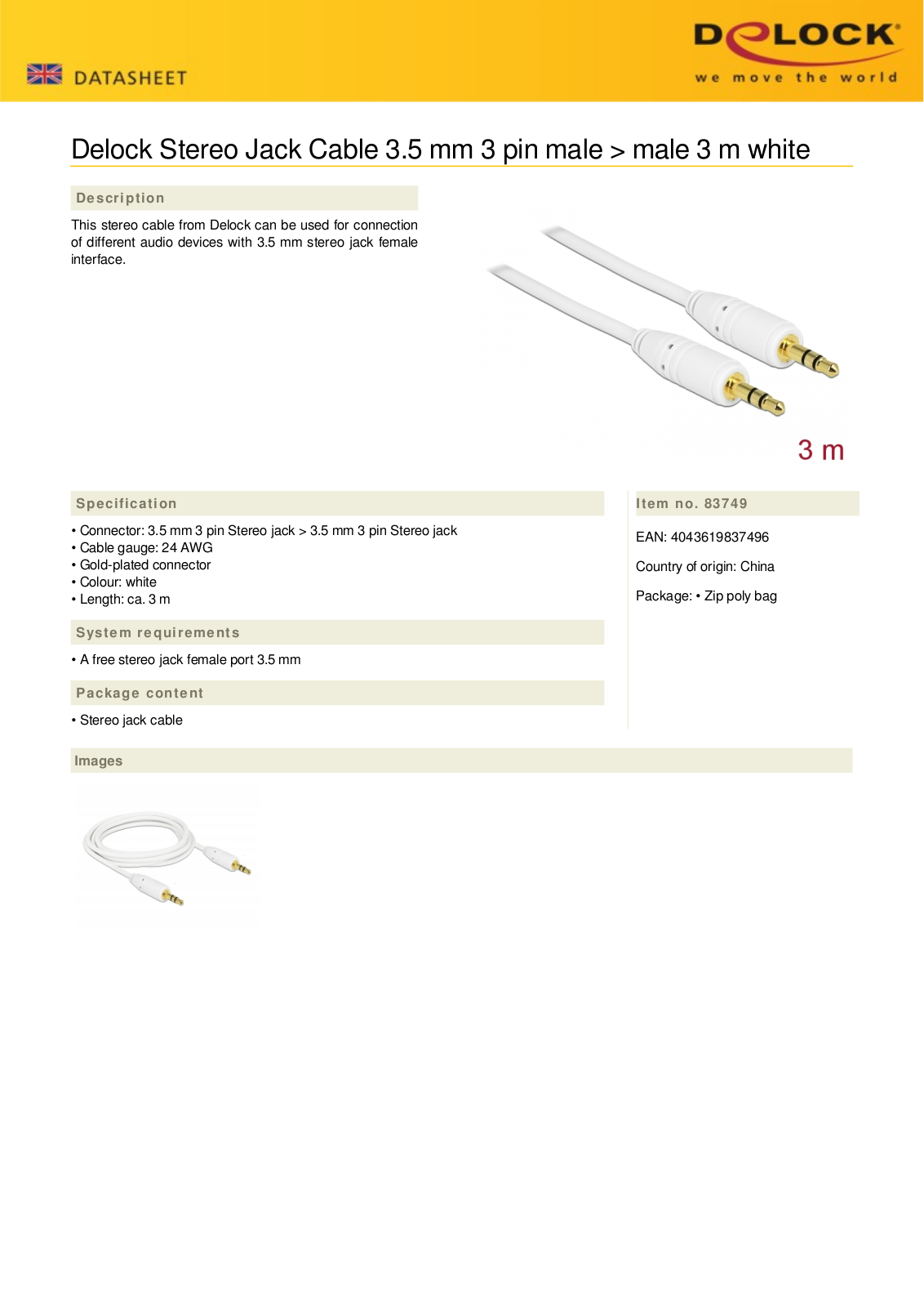 DeLOCK Klinkenkabel 3-Pin Stereo, 3.5mm Stecker auf 3.5mm Stecker, weiß, 3.0m User Manual