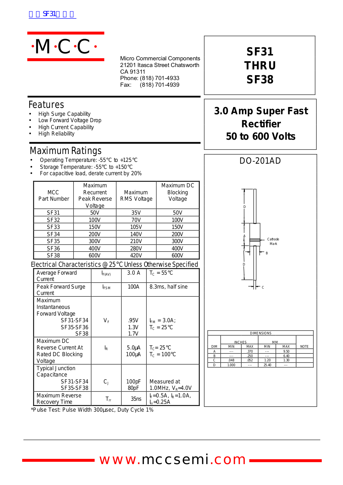 Micro Commercial Components SF31, SF38 Technical data