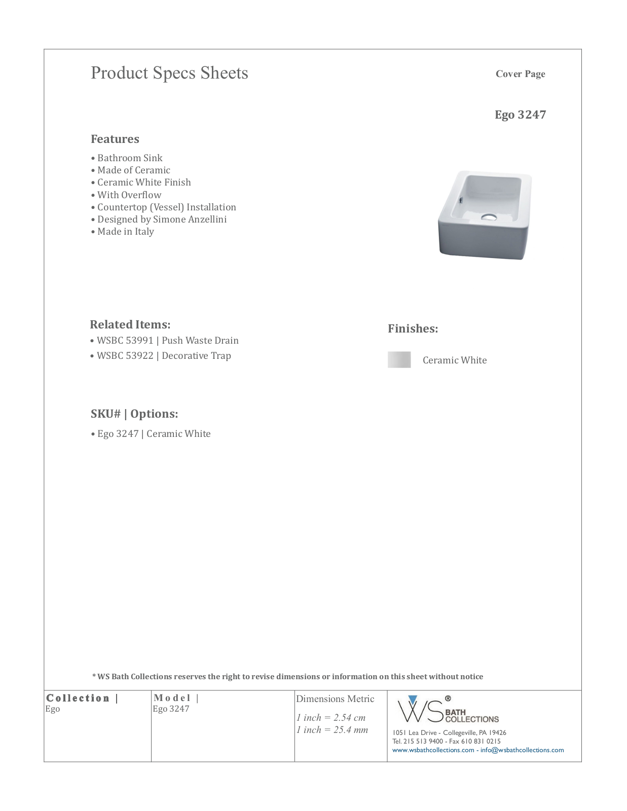WS Bath Collections WSO2020 Specifications - ManualMachine.com