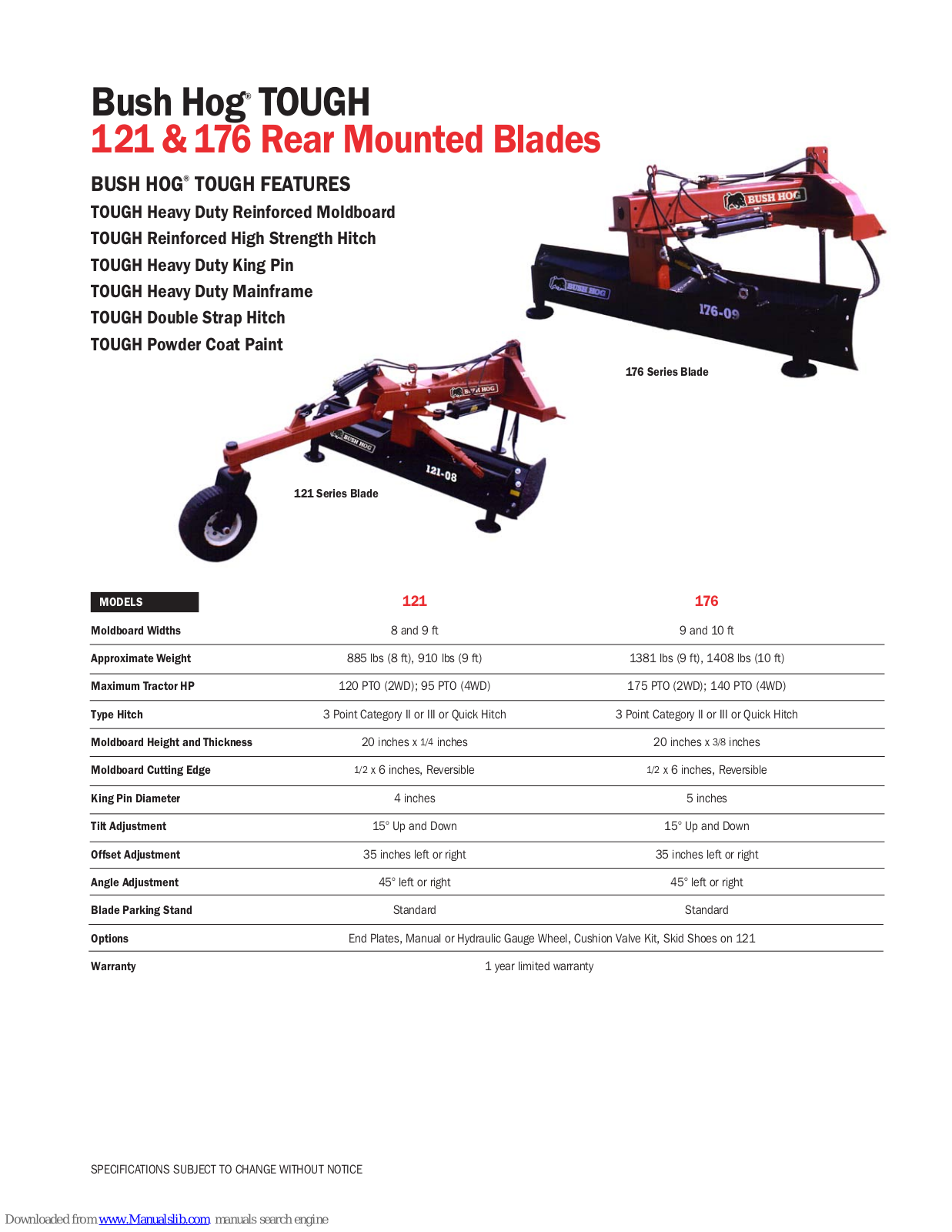 Bush Hog TOUGH 121, TOUGH 176 Specifications