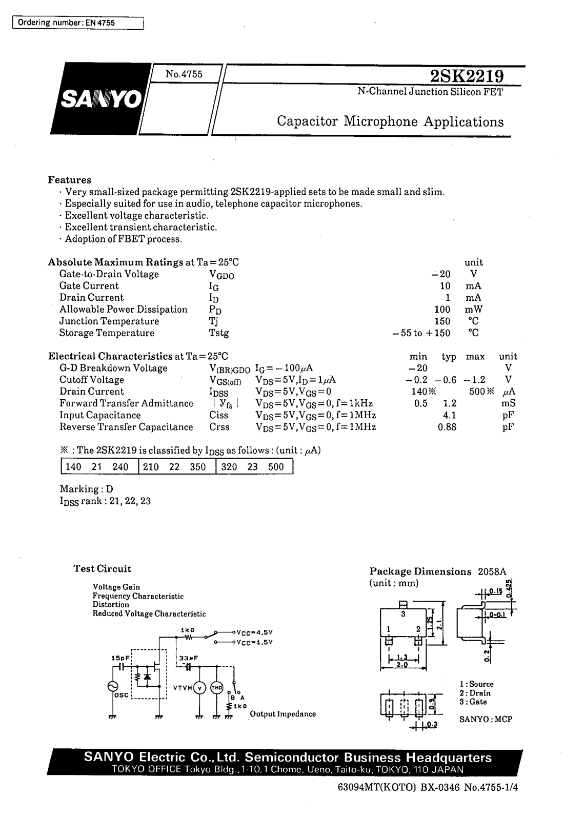 SANYO 2SK2219 Datasheet