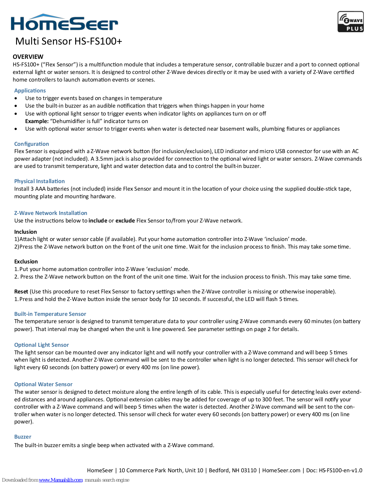 HomeSeer Flex Sensor HS-FS100+ User Manual